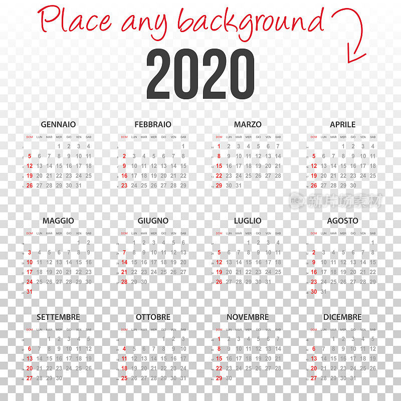 Italian Calendar 2020 with blank backgorund